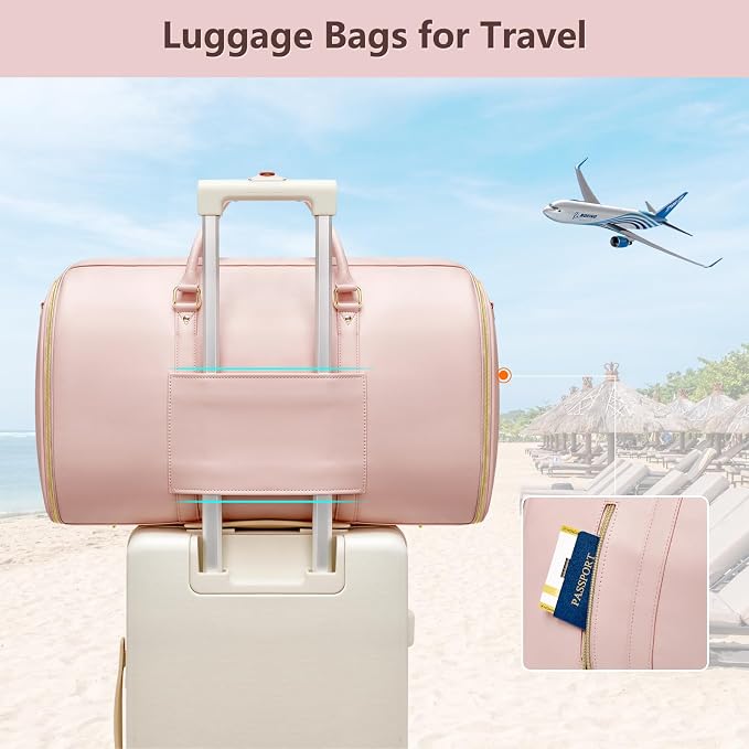 Garment Bags for Travel, Convertible Suit Travel Bag for Women, Fashion & Cute Carry On Garment Bag w/Shoes Pouch, 2 in 1 Foldable PU Leather Hanging Duffle Bag, Single-Zipper Design, Pink