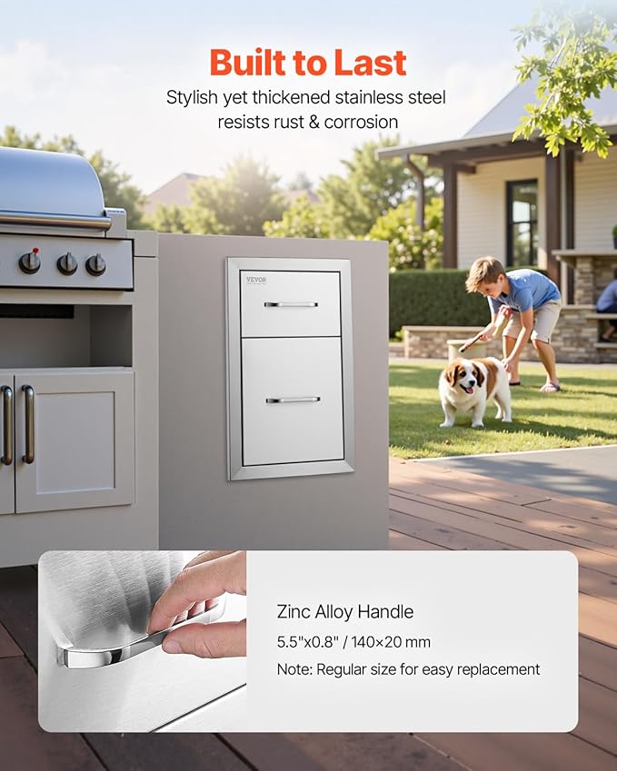 VEVOR Outdoor Kitchen Drawers 13" W x 20.5" H x 21" D, Flush Mount Double BBQ Access Drawers with Stainless Steel Handle, BBQ Island for Outdoor Kitchens or Patio Grill Station