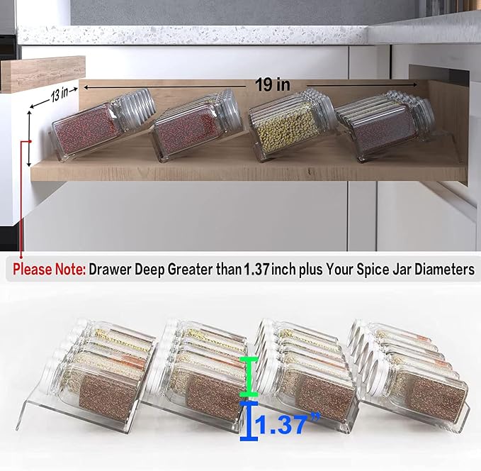 Jadehom 19 x 13 Inches Spice Drawer Organizer, 4 Tier Clear Acrylic Expandable In-Drawer Seasoning Jars Rack, Kitchen Drawer Spice Insert Tray for Cabinet/Countertop