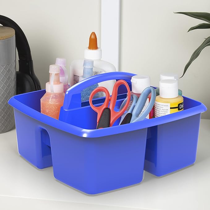 Storex 3-Compartment Small Caddy – Multipurpose Classroom Organizer with Handle, Azure, 6-Pack (00947A06C)