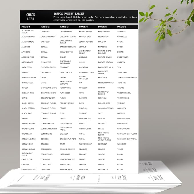 168 Pantry Labels for Food Containers, Minimalist White Matte Stickers Black Fine Line Text,Preprinted Waterproof Label for Glass Jars, Bottles & Canisters,Pantry Organization Storage