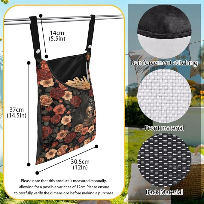 Vintage Rose Clothespin Organizer Bag Skull Clothespin Bags with Hanging Hook Waterproof Clothes Pin Storage Organizer with Large Opening Clothespins Bag for Clothesline Outdoor