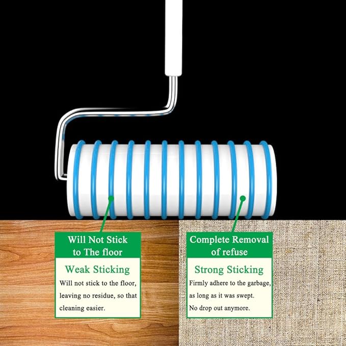 Large Lint Roller 6.3" Sticky Roller Extendable Handle for Floor & Pet Hair | Long Handle Sticky Mop, 4-section Adjustable Pole, 30 Sheets Cleans Carpets, Curtains, Cars, Bedding, Couches, Clothing
