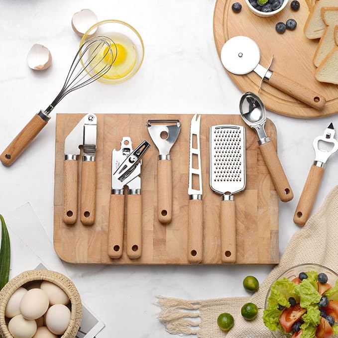 9pcs Kitchen Gadget Set with Wooden Handle, Stainless Steel Cooking Tools Kitchen Accessories Pizza Cutter, Egg Whisk, Vegetable Peeler, Can Opener, Garlic Press