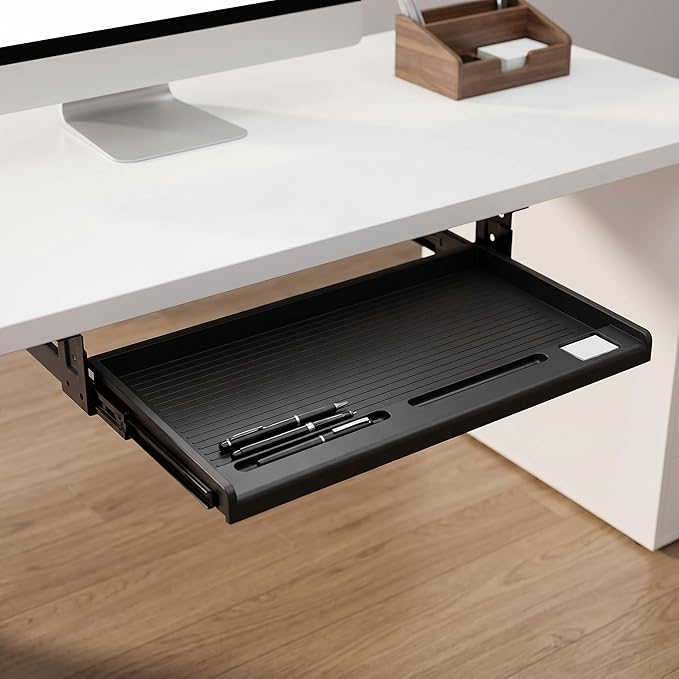 jojofuny Under Desk Keyboard Tray with Pen Organizer, Screw-Mounted Slide-Out Organizer Drawer, 20x10 inches Space-Saving Under Desk Shelf for Mouse, Pens & Office Supplies