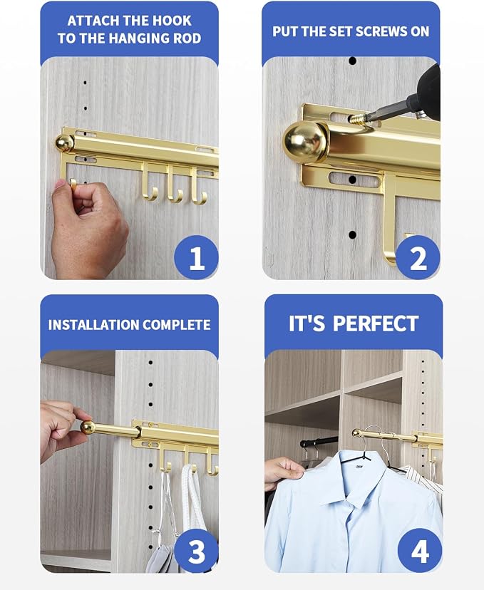 BaiNong Valet Rod for Closets Pull Out 12" Gold with 4 Hooks | Closet Valet Rod Slide Out for Closets, Laundry Rooms, RVs Space-Saving