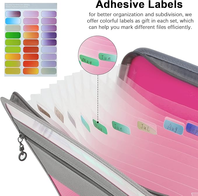 NAFY Expanding File Folders, 2Pack 13 Pockets Document Organizer with Zipper, A4 Letter Size Portable Accordion Expanding File Folders with Multicolor Labels for Office School Supplies (Black+Pink)