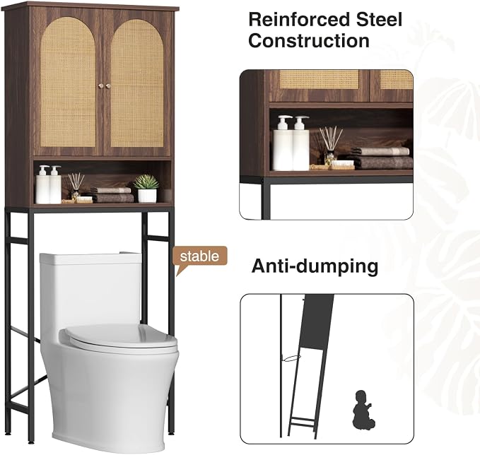 Befrases Rattan Toilet Storage Cabinet, Over the Rack Wood Cabinet with Metal Stand, Bathroom Organizer with Adjustable Shelf, Space Saving Cupboard for Small Bathrooms, Washer Shelf, Dark Brown