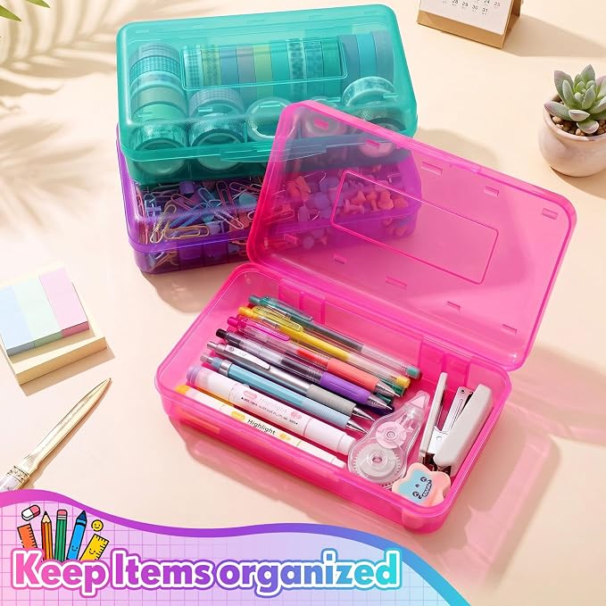 Blulu 6 Pack Large Plastic Pencil Case Box Clear Pencil Boxes Bulk Hard Crayon Box Storage with Snap Lids 8.1 x 4.7 x 2.2 Inch Painting Organizer Classroom Stationery School Supplies (Cute Color)