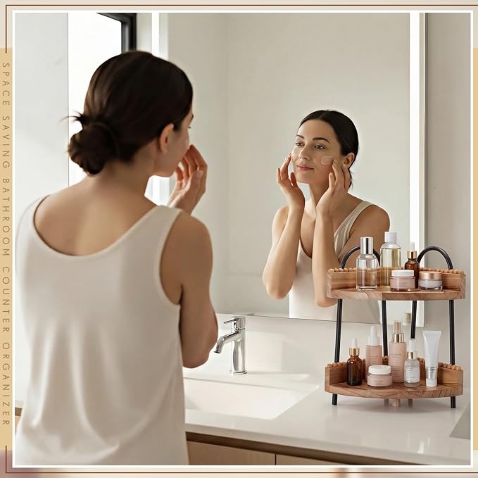 AceOrbit 2 Tier Bathroom Corner Counter Organizer Countertop Organizer, Vanity Counter Corner Shelf for Cosmetic Skincare Perfume, Wood Bead Storage and Organization for Bathroom Kitchen