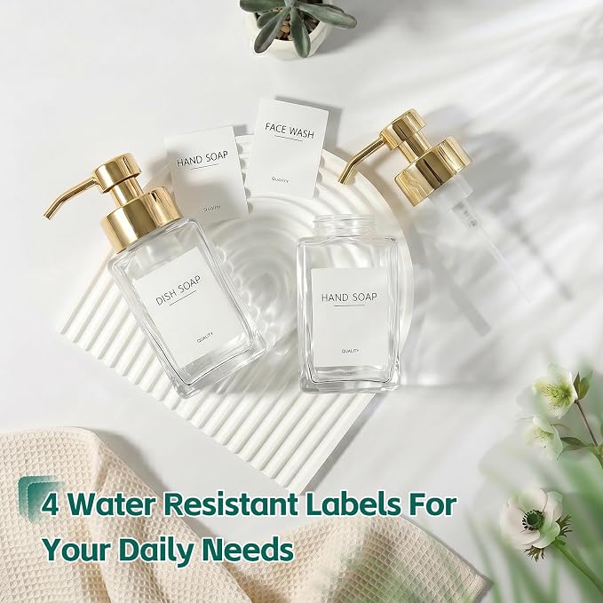 Foaming Soap Dispenser, 12oz/350ml Glass Foaming Hand Soap Dispenser Set, 2Pcs Refillable Foam Soap Dispenser with Foaming Pump, Labels, Square Foam Soap Hand Dispenser for Bathroom, Gold