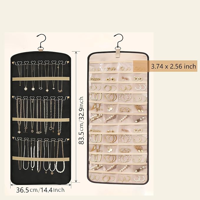 Hanging Jewelry Organizer, 1Pcs Large Double-Sided Jewelry Storage Roll with 48 Pockets and 21 Hooks for Necklaces Earrings Rings, Over the Door Jewelry Organizer with Hanger for Closet Wall