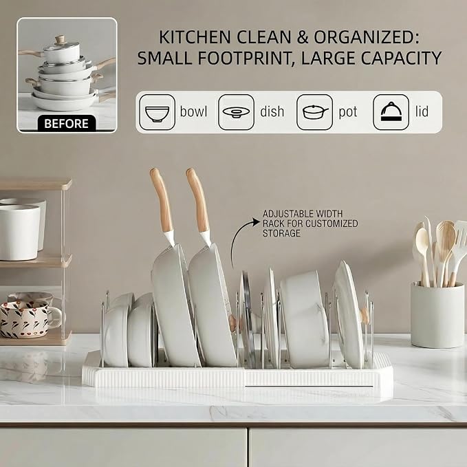 Expandable Pot and Pan Organizer for Under Cabinet, 12.9-22 Inch Adjustable Lid Kitchen Cabinet Organizer Holder with 7 Stainless Dividers, Cabinet Storage Holder for Lids Bakeware Cutting Boards