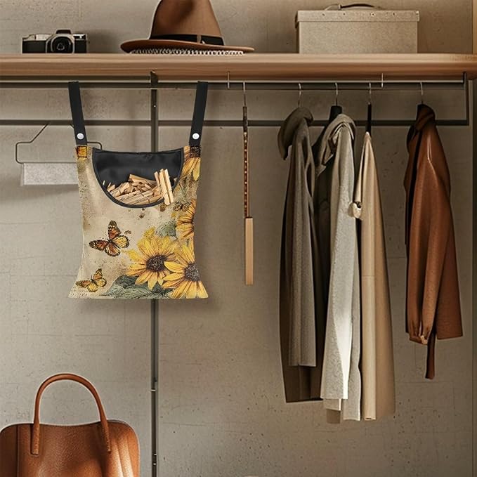 Butterfly Sunflower Clothespin Bag Fashion Hanging Storage Organizer Clothes Pin Bag Waterproof Laundry Clothespin Bag Clothespin Holder for Clothesline Outdoor