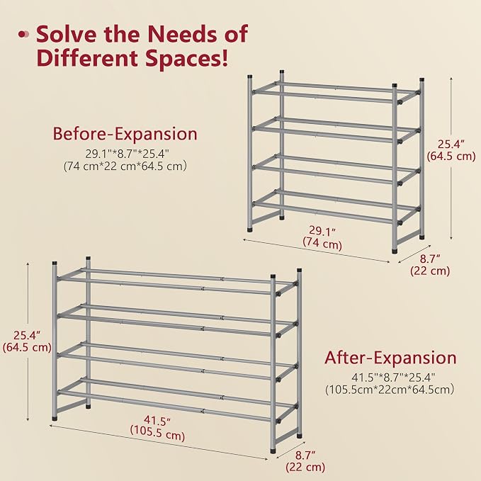 Tajsoon Expandable Shoe Rack for Closet 4 Tier, 28“-41“Stackable, Grey | Adjustable Shoe Organizer Closet Shoe Rack Floor, Metal Shoe Shelf Storage for Entryway, Closet, Garage, Front Door Entrance