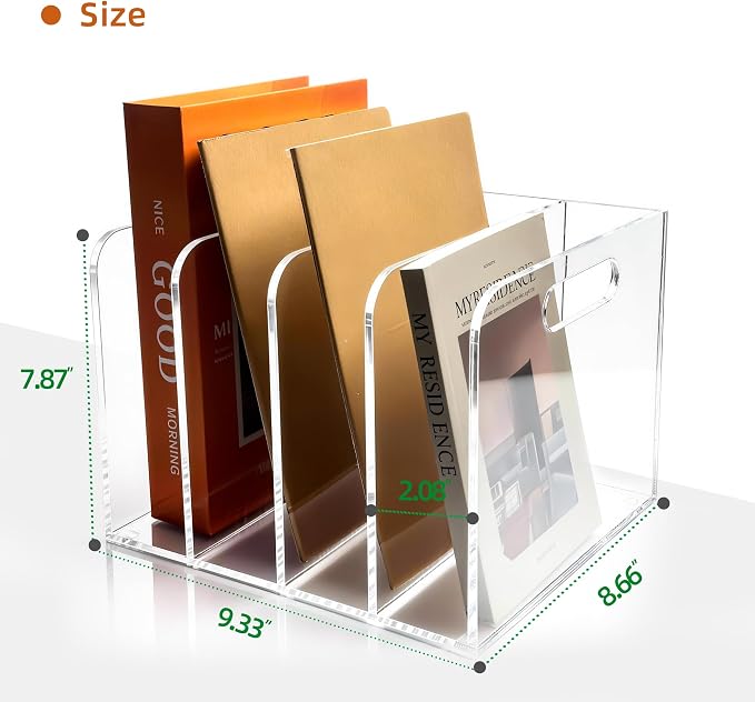 Clear Acrylic Magazine File Holder, 4 Compartment Desk Organizer | 4 spacious vertical compartments hold magazines, files, books & more. Clear acrylic, non-slip base. No assembly, portable.