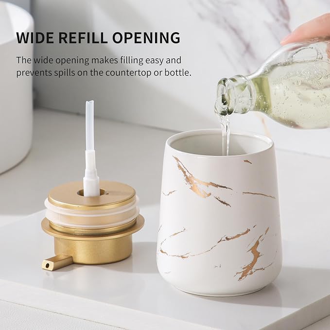 Enra Ceramic Gold Soap Dispenser,12 oz Marble Hand Liquid Soap Dispenser for Bathroom Kitchen Dispenser for Dish Soap with Easy-to-Press(Gold Liquid Type2)