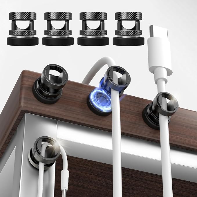 Maveek Magnetic Cable Holder 8-Pack, Stainless Steel Metal Cord Clips Wire Organizer Home Office Desk Nightstand USB Charging Cords Management Car Dash Cam (Metallic Black)