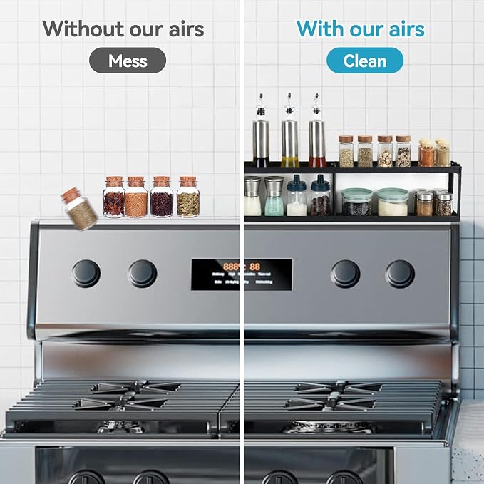 OTraki 2 Tier Strong Magnetic Oven Shelf 30 Inch Length Spice Rack Over The Stove Shelf with 2 Anti-Slip Mats Seasoning & 4 Hooks Kitchen Spice Storage Organizer Black | Over The Stove Shelf with 2 Anti-Slip Mats Seasoning & 4 Hooks Kitchen Spice Stora...