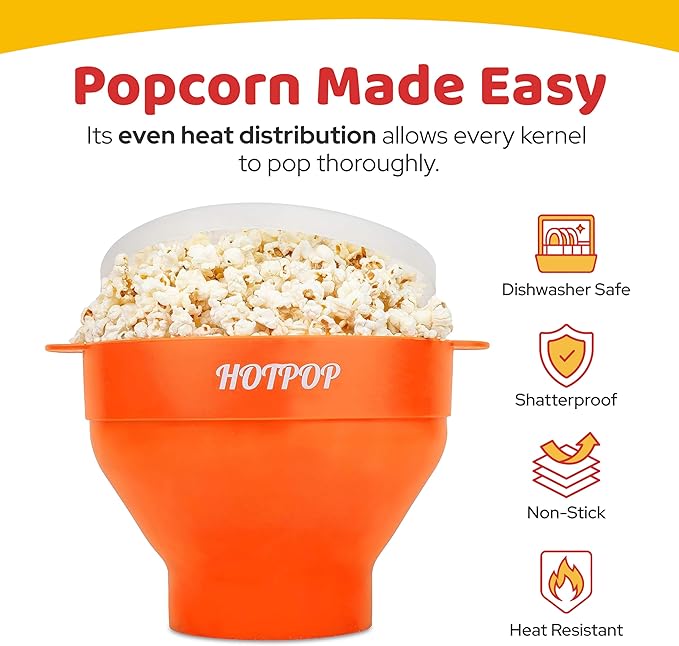 The Original Hotpop Microwave Popcorn Popper, Silicone Popcorn Maker, Collapsible Bowl BPA-Free and Dishwasher Safe- 20 Colors Available (Orange) (Pack of 2)