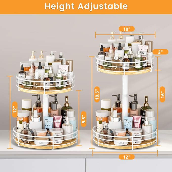 Two Tier Lazy Susan Organizer Turntable, 12 Inch, White | Height Adjustable, Rotating Spice Rack, Wood Construction, For Cabinet Dining Table Kitchen Bathroom Countertop