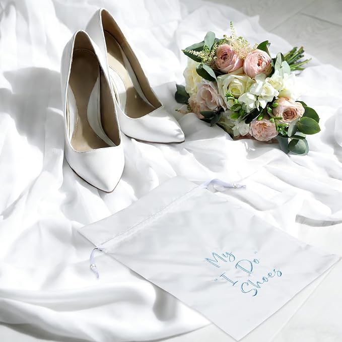 Bride Shoe Bag 11" x 9" Satin Wedding Shoe Storage Pouch with Drawstring Bridal Shower Gifts for Engagement Honeymoon