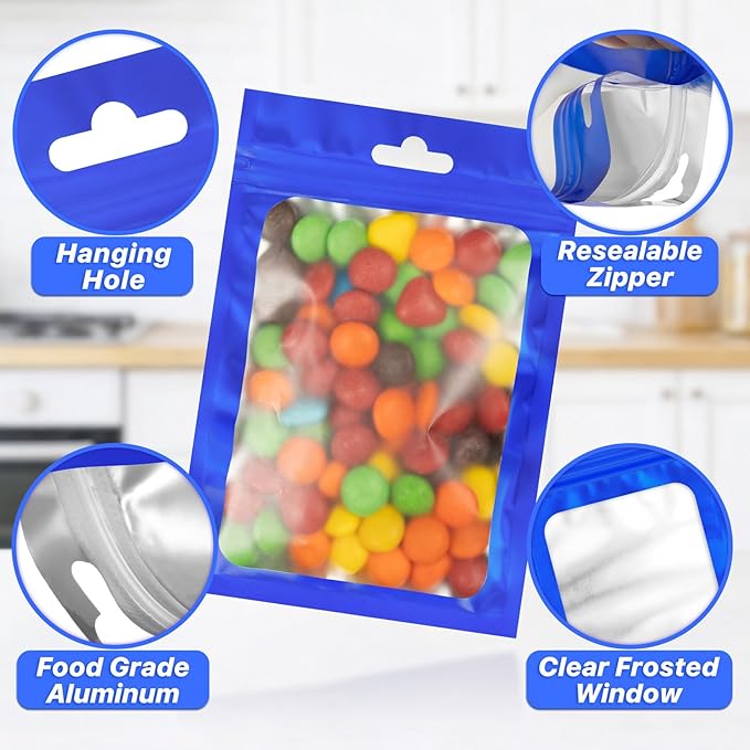 100 PCS Resealable Mylar Bags with Frosted Clear Window Packaging Bags Foil Pouch Zipper Bag for Food Self Sealing Storage Supplies (4.72x7.87, Blue)