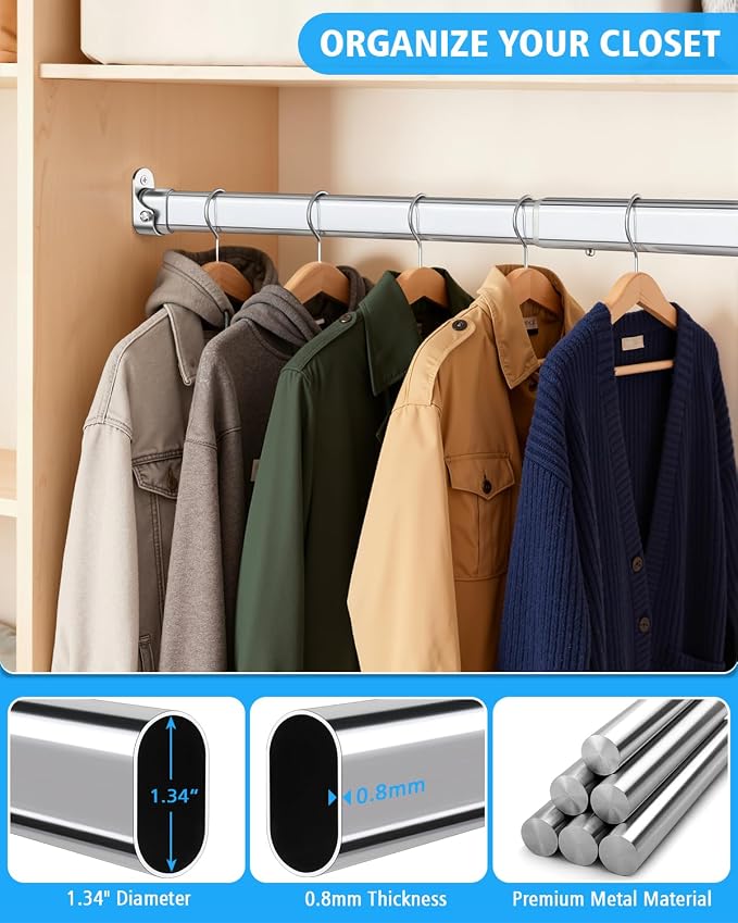 Premium Chrome Oval Closet Rod for Hanging Clothes 52 to 70 Inch, Includes End Supports, Adjustable Wardrobe Tube, Heavy Duty Extendable Closet Pole, Carbon Steel