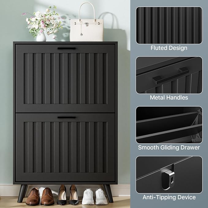 Shoe Storage Cabinet with 2 Flip Drawers, Modern Freestanding Organizer with Adjustable Shelf, Narrow Shoe Rack Cabinet for Entryway, Black