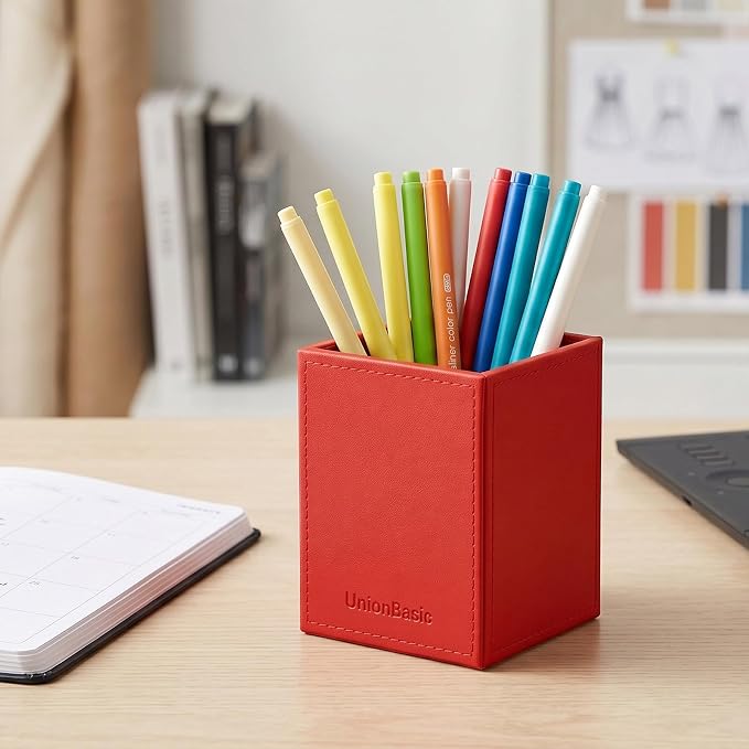 UnionBasic Square Pen Holder, Leather Pencil Cup, Desktop Caddy Stationery Organizer, Red