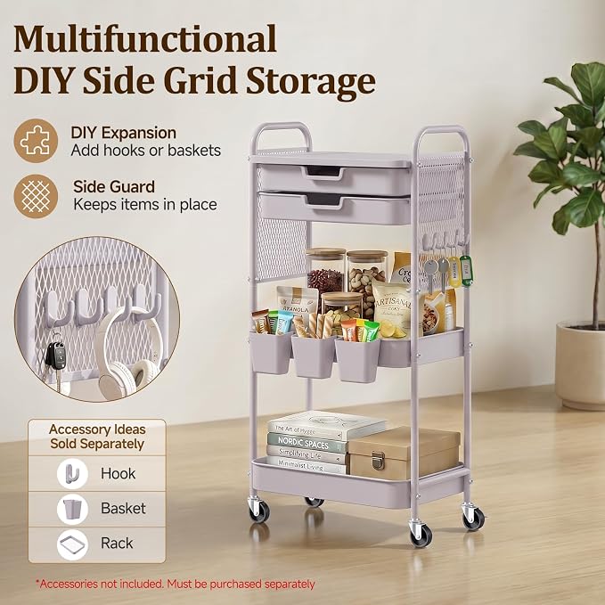3 Tier Rolling Cart with 2 Drawers, Metal Utility Storage Carts with Wheels | Kitchen Rolling Cart 4.5" Deep Basket, Mesh Side Panel with 3 Cups, 4 Hooks for Office, Bedside, Craft Storage Cart