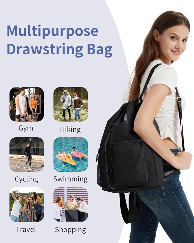 WANDF Drawstring Backpack with Shoe Compartment, Sports Gym Bag | Multi-Pocket Storage, Water-Resistant Fabric, Cinch String Bag