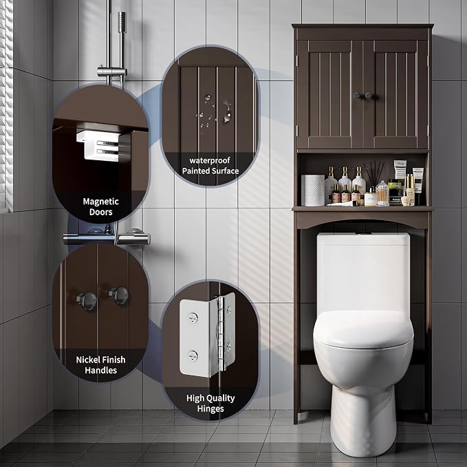 Bealife Over The Toilet Storage Cabinet with Open Shelf - Espresso | Over Toilet Bathroom Organizer with Adjustable Shelf and Double Doors, Space Saver Free Standing Storage Shelf for Bathroom