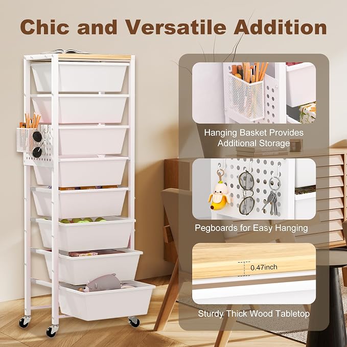 Rolling Cart with Drawers, Rolling Storage Cart with 8 Large Plastic Drawers & Wooden Tabletop, Utility Cart with Pegboards & Basket, Storage Drawers Cart for Living Room, Classroom, Bedroom, Office