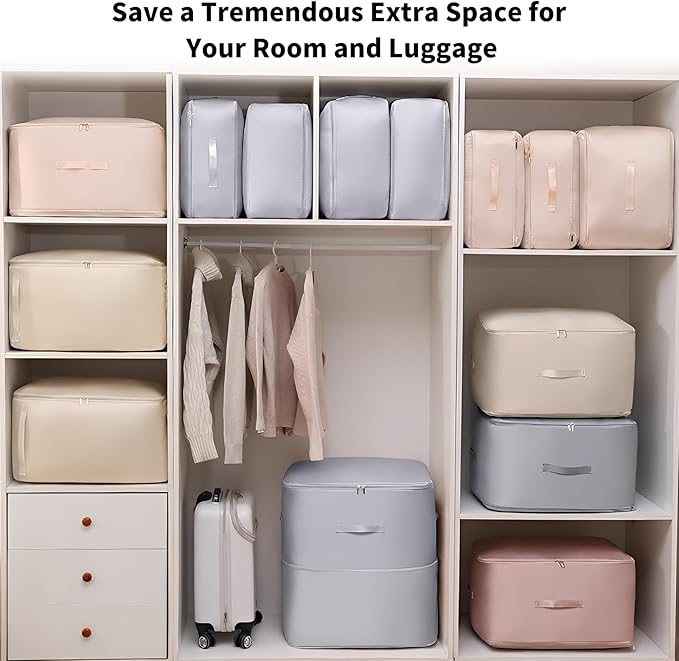 Upgraded Ultra Space Saving Self Compression Organizer Bag - Premium Large Capacity Storage Cube for Comforters, Bedding, Blankets & Clothes (2-Pack, Light Grey, 11 * 6.3 * 1.2inches)