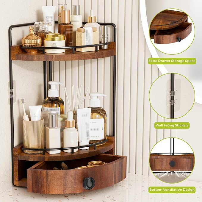 2-Tier Corner Bathroom Counter Organizer with Drawer, Acacia Wood-Brown | Embedded Screw Holes, Wooden Countertop Organizers, Space-Saving, Bottom Ventilation Design, Counter Shelf for Vanity