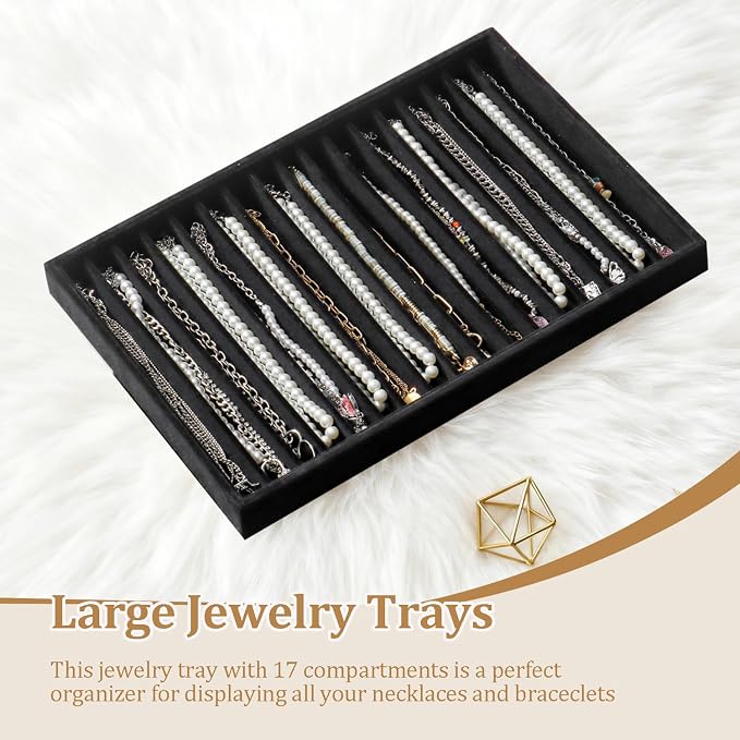 Large Jewelry Organizer for Drawer Insert Velvet Stackable Jewelry Trays for Earring Necklace Bracelet Ring Display (Black, 16 Grids)