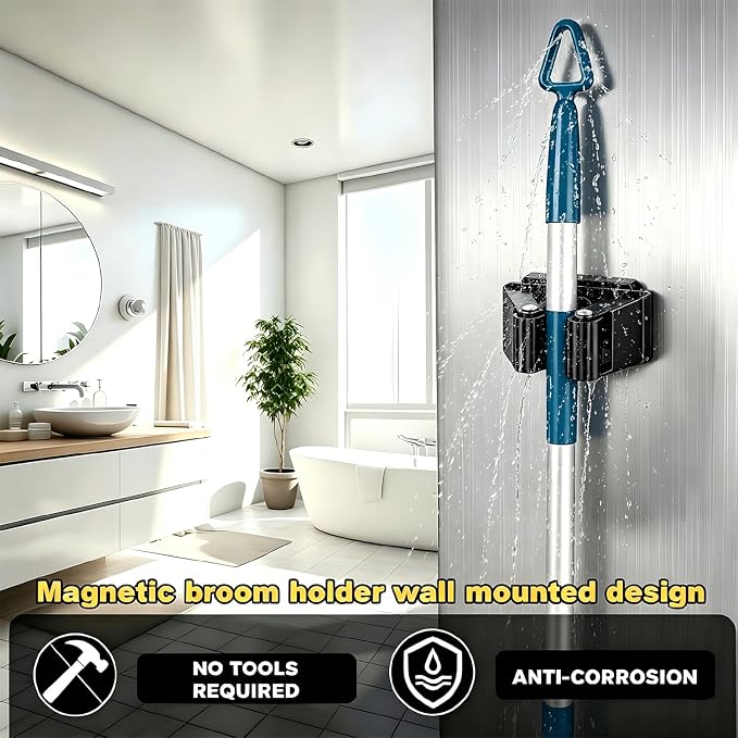 Magnetic Broom and Mop Holder Wall Mount,Black 2 Pack | Space-Saving magnetic broom holder, heavy duty magnet hooks, no-drill over the door broom gripper,RV Camper Wall Organizer