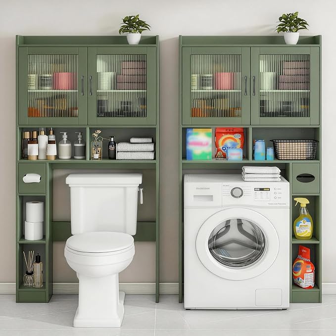 Vabches Over-The-Toilet Storage Cabinet, Farmhouse Style with 2 Acrylic Waves Doors, Space-Saving Home Storage Rack for Restroom, Bathroom and Laundry Room. Green