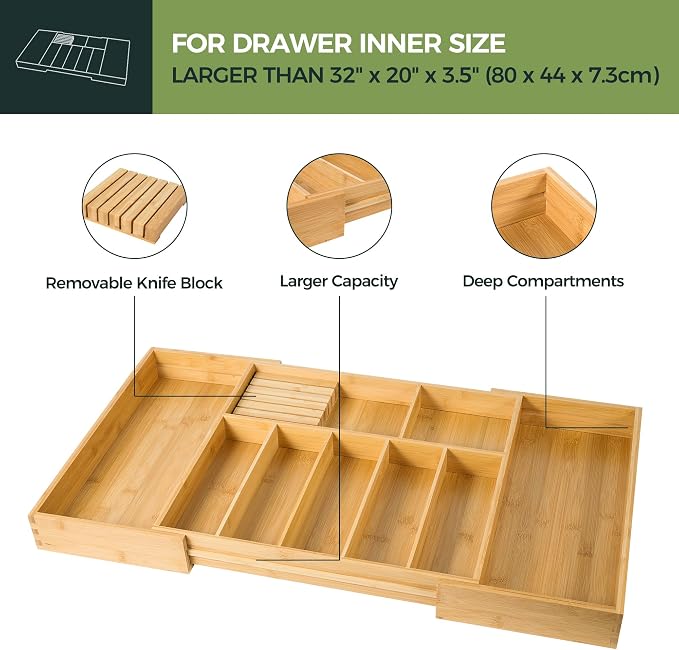 VaeFae Extra Large Kitchen Utensil Holder, Bamboo Silverware Drawer Organizer, Expandable Cutlery Organizer with Knife Block, Multifunctional Drawer Divider