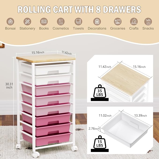 Rolling Cart with 8 Drawers, Storage Drawers Cart with Wooden Tabletop and Lockable Wheels, Craft Storage for Living Room, Office, Classroom, Craft Room, Bedroom
