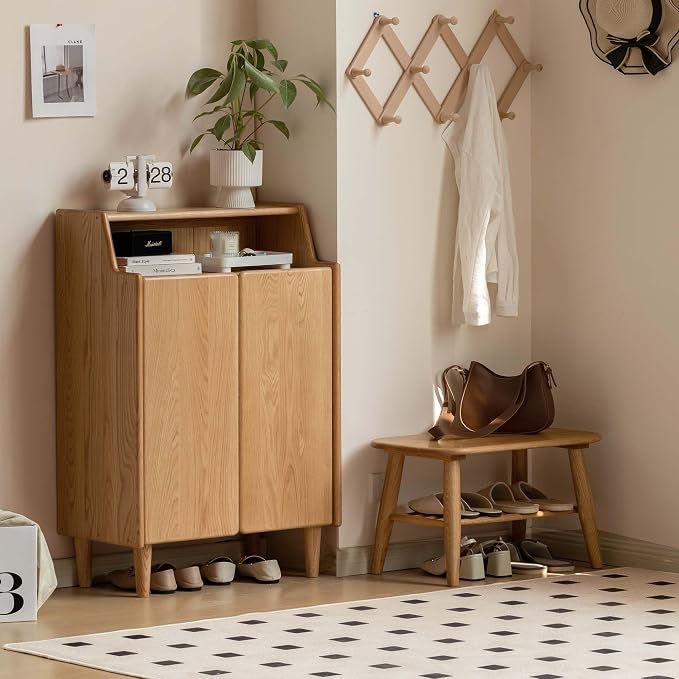 Solid Wood Shoe Cabinet with Doors, Shoe Storage Cabinet with 4-Tier Adjustable Shelves, Mid Century Modern Shoe Rack Cabinet for Entryway, Hallway, Oak Wood, 13.8" x 31.5" x 43.3" (Natural)
