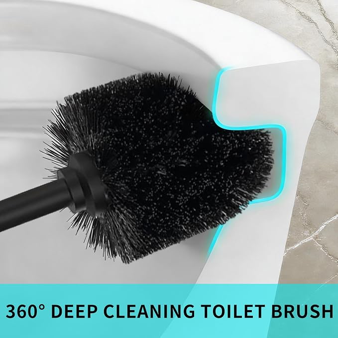 Toilet Brush and Holder Set,304 Stainless Steel Toilet Brush for Bathroom with Long Handle, Heavy Duty Toilet Bowl Brush,Removable Inner Bowl and Splash Protection,Deep Cleaning (Black)