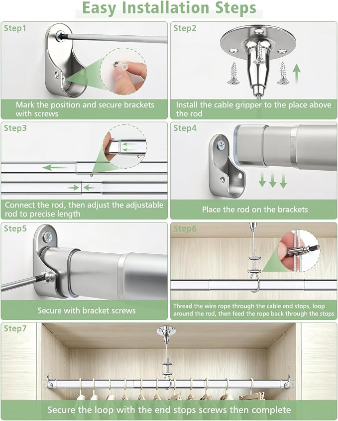 Premium Oval Closet Rod for Hanging Clothes 51"-70"- Heavy Duty, Length Adjustable, No-cut