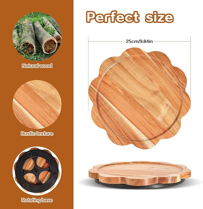 WLWNWFT Lazy Susan Turntable Organizer 10in, Acacia Wood Flower Shape Rotating Tray Cabinet Pantry Kitchen Countertop Refrigerator Cupboard Condiment Storage, Spice Rack, Pantry Organiser