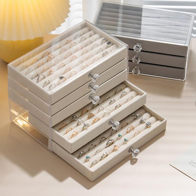 SPAKOWN Ring Box Display Holder, Clear Velvet Jewelry Storage Tray Organizer for Ring Stud Earring (Grey - 5 Drawers)