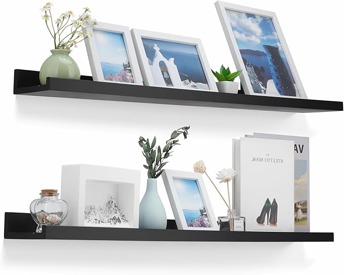 48 Inch Long Floating Shelves for Wall, Black Picture Ledge Shelf Wall Mounted Bathroom Long Ledge Set of 2, Floating Photo Shelf with Grooves for Books Bedroom Living Room Kitchen Spice Rack