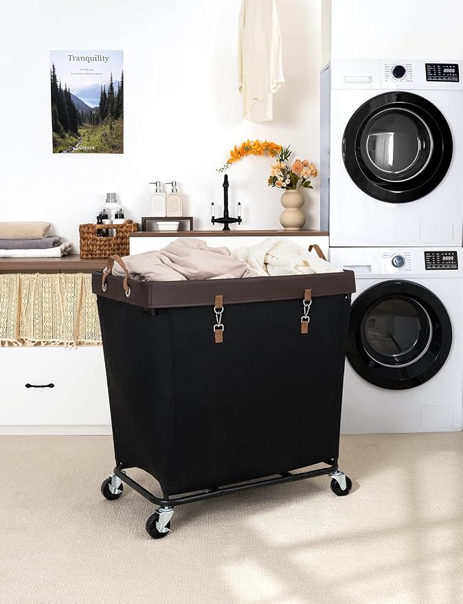 StorageWorks Laundry Basket with Wheels for Clothes, 320L Black Hamper Cart