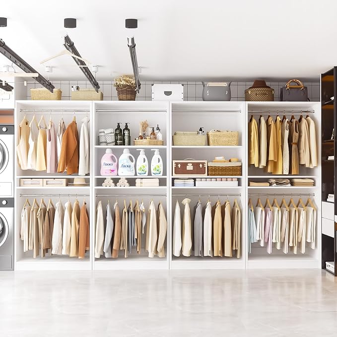 Unikito 12FT Modular Closet System with 8 Hanging Rods, 2800LBs Wood Garment Rack, 4-Pieces Ultra-Wide Walk-in Closet Organizer, Freestanding Clothing Shelves, White