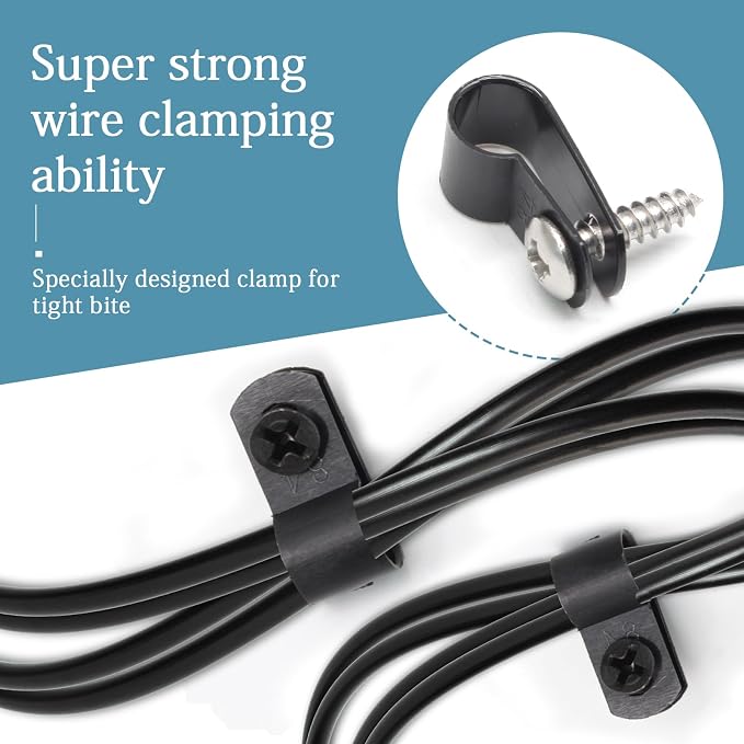 100 Pcs 1/3 Inch Black Nylon Cable Clip Wire Clamp, R-type | 8.4mm, Screw Mounting, Wire Management, Stainless Steel Screws Included